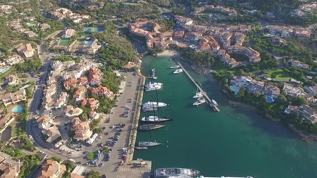 Video from above, Aerial view of Costa Smeralda, Porto Cervo in Sardinia, Italy