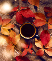 Cup of coffee and autumn leaves on knitted sweater