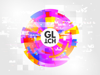 Glitch circle abstract. Design element with glitched lines noise. Modern round glitch with color distortions. Trendy effect for banners, posters, flyers, brochures. Vector illustration