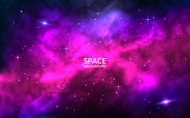 Cosmic background. Space backdrop with bright stars, stardust and nebula. Realistic cosmos with colorful galaxy. Color milky way. Vector illustration