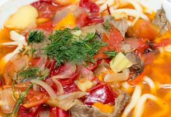 Close up of oriental uzbek soup lagman decorated with greens