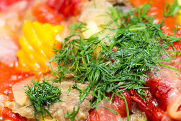 Close up of oriental uzbek soup lagman decorated with greens