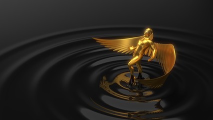 golden angelic character rising from black liquid. 3d illustration