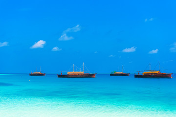Obraz premium Dhoni boats in turquoise water, Maldives. Copy space for text.