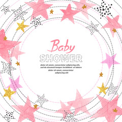 Baby Shower girl invitation card design with watercolor pink stars.