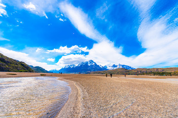 Lake Pehoe, Torres del Paine National Park, Patagonia, Chile, South America. Copy space for text.