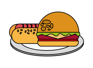 burger and hot dog on dish food picnic