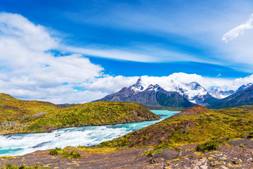 Lake Pehoe, Torres del Paine National Park, Patagonia, Chile, South America. Copy space for text.
