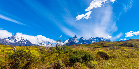 View of the mountain landscape in the national park Torres del Paine, Patagonia, Chile, South America. Copy space for text.