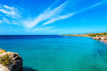 View of the coastline, Westpunt, Curacao, Netherlands. Copy space for text.
