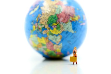 Miniature people : Couple of love backpacking with miniworld,traveling concept.