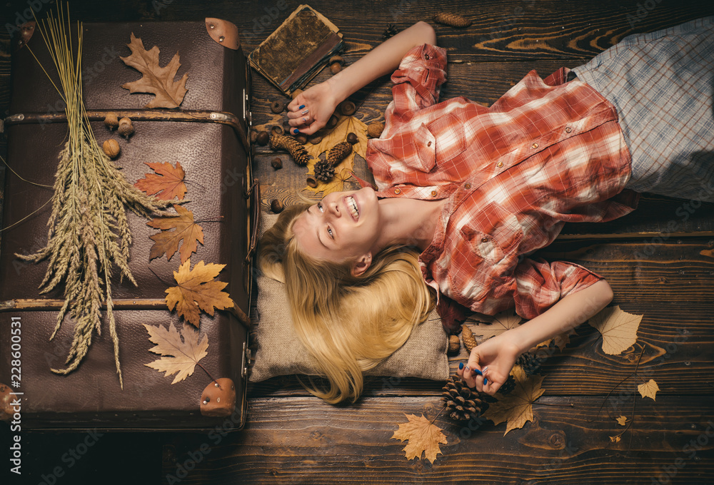 Wall mural fashion portrait of beautiful sensual woman. girl wearing in autumn clothes on autumn sunny day. aut