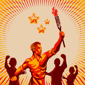 Men raising fist holding liberty torch vector illustration. Propaganda style. Retro revolution poster design.	