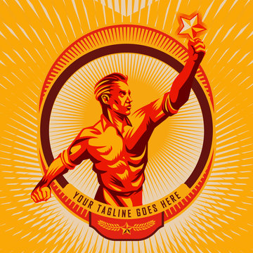 Men raising fist reach for the stars vector illustration. Propaganda badge style. Retro revolution poster design.	