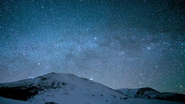 Time-lapse. Milky Way above the snowy peaks of the Carpathian Mountains