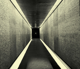 Background yellow, Light at the end of tonnel, shining metal corridor, long lamps