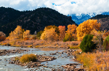 Autumn on the Arkansas River with the magnificent Sangre de Cristo Mountains of Colorado in the...
