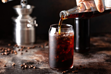Cold brew iced coffee in glass bottles