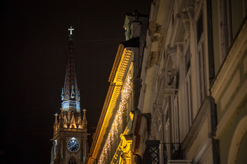 The Name of Mary Church, also known as Novi Sad catholic cathedral during the evening. This...