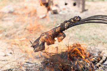 traditions of Kazakh people, slaughtered a ram and with the help of the fire removed the hair on the legs. This puts the meat on top of the national dishes beshbarmak.