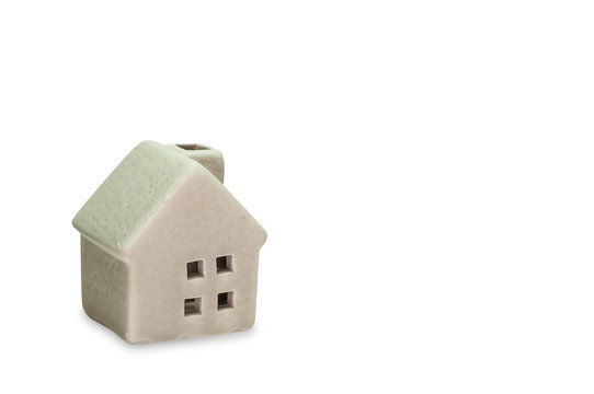 Clipping Path Included, Miniature Grey Ceramic House Isolated On White With Copy Space.