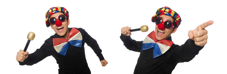 Clown with microphone isolated on white