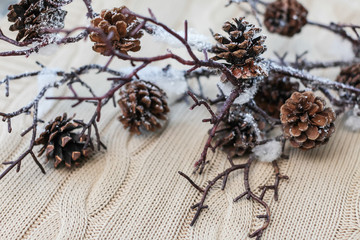 Christmas and New Year composition. Close up snow branches with cones on knitted white background with copy space