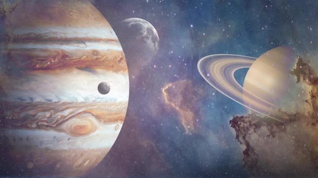Planets of Solar system Jupiter, Mercury, Saturn, Venus and ocean with big waves. Surrealistic and fantastic animation. Clouds, stars, Orion nebula, sea, waves. 