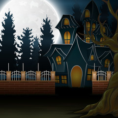 View of a haunted house with the full moon background