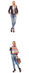 Obraz premium Beautiful woman with shopping bags isolated on white