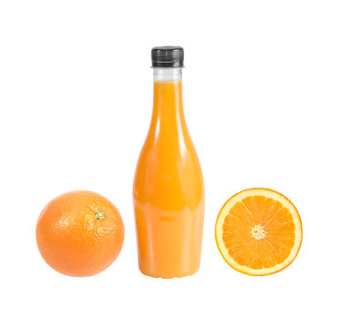 orange with orange juice in the bottle  isolated on white