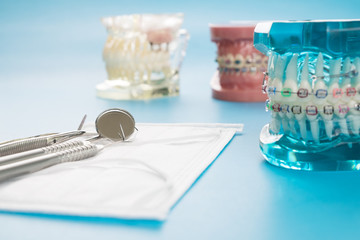 orthodontic model and dentist tool - demonstration teeth model of varities of orthodontic bracket or brace