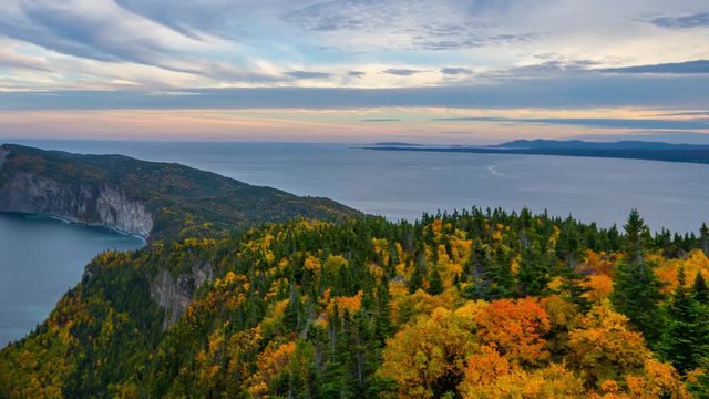 Evening time-lapse overlooking the peak of Forillon National Park during autumn with colorful trees