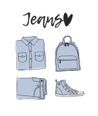 Hand drawn set of Jeans Wear. Fashion vector background. Actual illustration 
 Denim Outfit. Original doodle style drawing. Creative ink art work