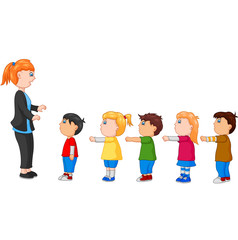 Kids with Arms Up Standing in Line In Front of the Teacher