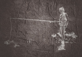 Young fishing woman on the river bank in the water resting on the nature. Hand drawn illustration