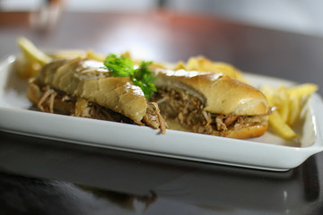 Beef sandwich with fries