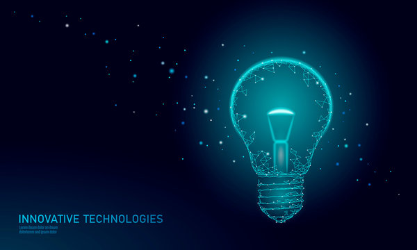 Light bulb idea business concept. Creative active human brain artificial intelligence next level man menthal abilities.Symbol of wisdom. Blue low poly polygonal 3D triangle vector illustration art