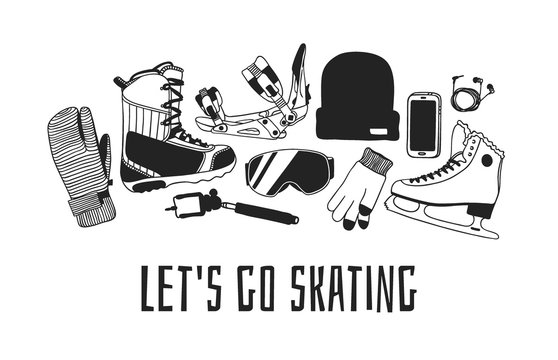 Hand drawn fashion illustration. Creative ink art work. Actual cozy vector drawing Ice Skating and Snowboarding. Winter sport set with figure skater wear and racing skates, accessoires, fur headphones