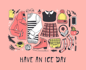 Hand drawn set with Ice Skating Things. Winter Sport vector background. Actual fashion illustration. Original doodle style drawing. Creative ink art work
