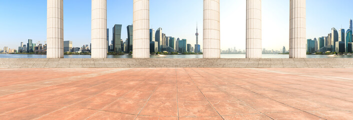 City square floor and modern commercial building scenery in Shanghai