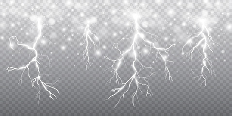 Naklejka premium A set of lightning Magic and bright light effects. Vector illustration. Discharge electric current. Charge current. Natural phenomena.