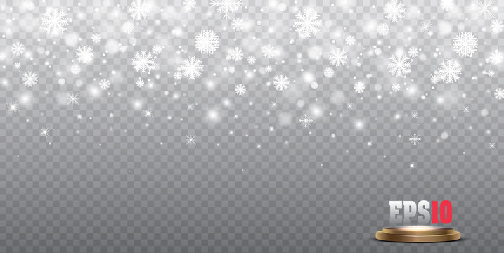Snowflakes falling christmas decoration isolated background. White snow flying on transparent
