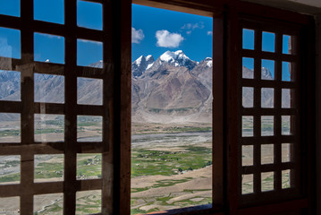 Beautiful landscape view from the windows frame  in Zanskar at Himalaya Range, Zanskar Range, Pensi La, Jammu and Kashmir.