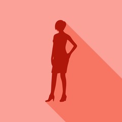 Posing business woman wearing the short dress. Web icon with long shadows for application