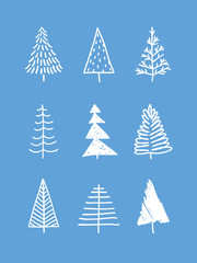 Obraz premium Hand drawn set of Christmas trees. Holidays background. Abstract doodle drawing woods. Vector art illustration