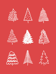 Hand drawn set of Christmas trees. Holidays background. Abstract  doodle drawing woods. Vector art illustration