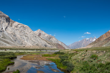 Beautiful landscape on the way to Zanskar road at Himalaya Range, Zanskar Range, Pensi La, Jammu and Kashmir.