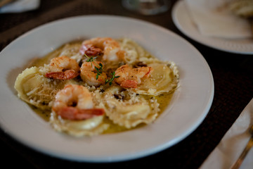 Spaghetti with shrimps,tomato and chopped parsley