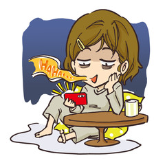 夜更かししてスマホを見る女性